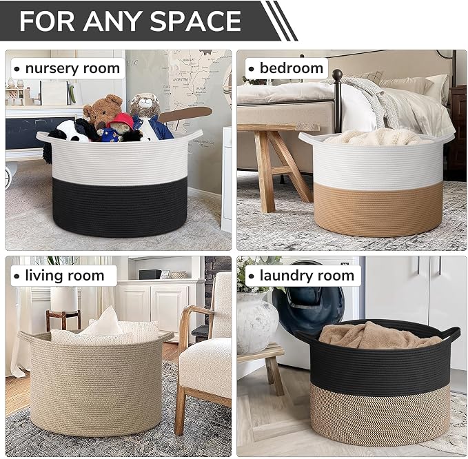 INDRESSME 115L Extra Large Cotton Rope Blanket Basket, Woven Storage for Living Room Toy Baskets Kids Baby Laundry Hamper for Dirty Clothes, Pillows, White & Black