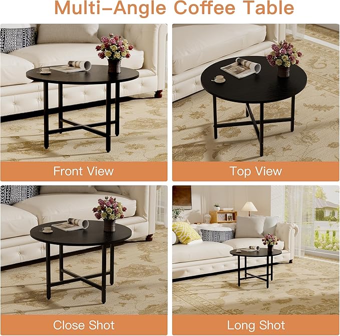 FAMIDGE Coffee Table, 23.6" Coffee Tables for Living Room, Round Coffee Table with Metal Frame, Floor Table for Sitting on The Floor, Home, Office, Black