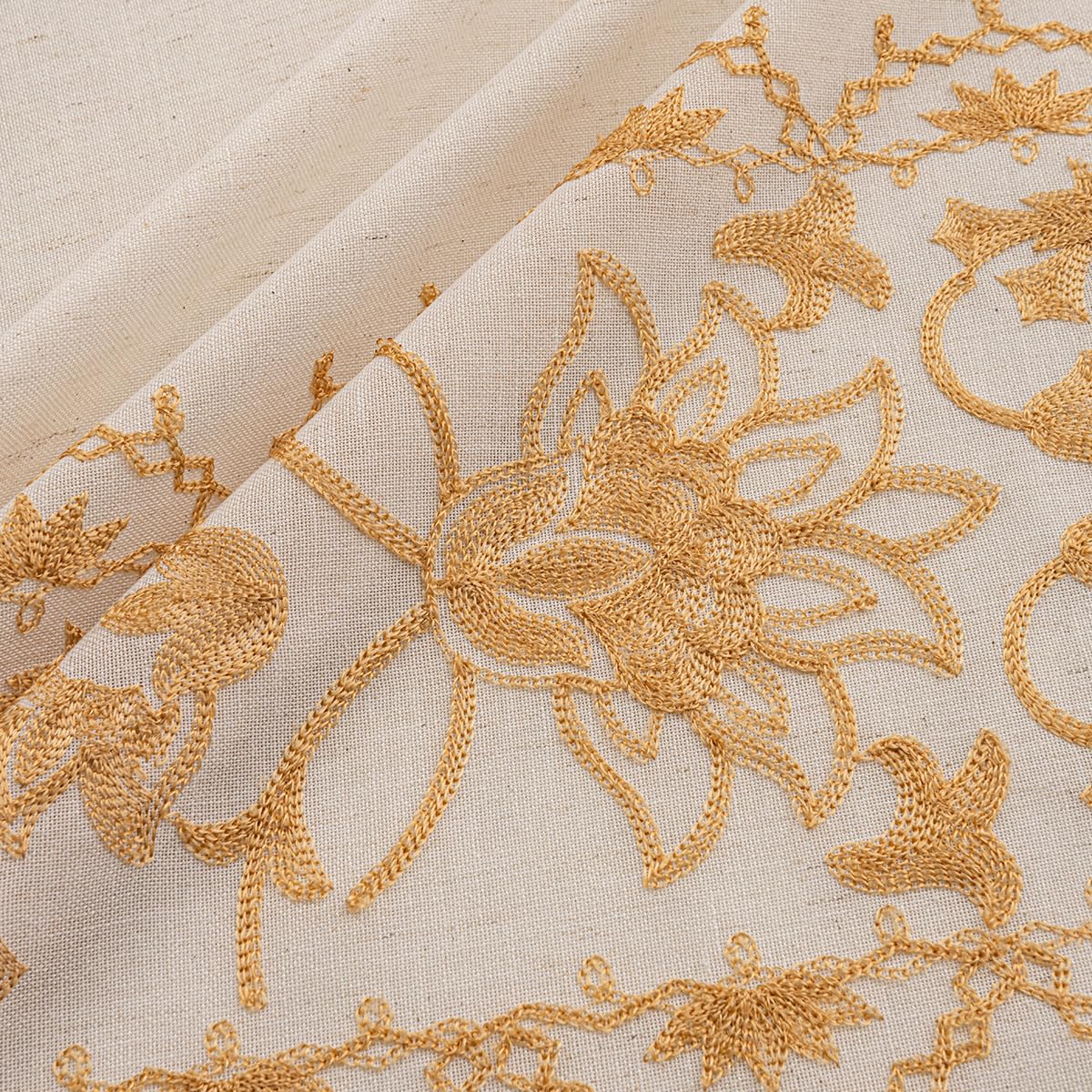 Tootop Bohemian Curtains Linen Gauze Embroidered Curtains Bohemian Floral Beige Farmhouse Living Room Decor Rustic Semi-Blackout Curtains Tieback Pocket or Folded Edge 2 Panel 84 Inch Gold