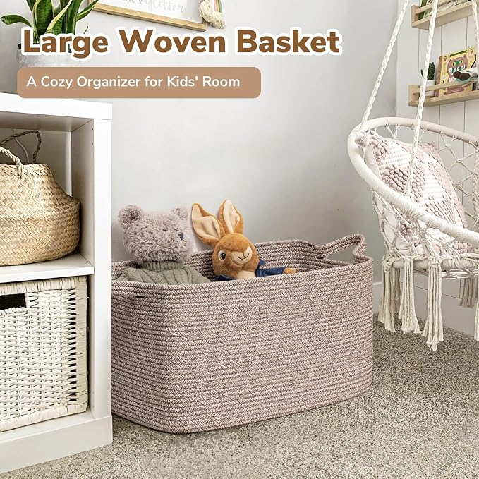Goodpick Large Woven Storage Basket, 21.6" x 14.9" x 11.8" Blanket Basket for Living Room, Bedroom, Rectangle Rope Storage Organizer for Clothes, Toys, Brown