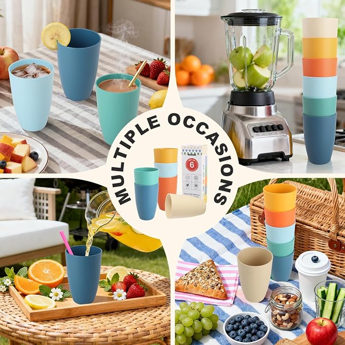 Wheat Straw Cups Set of 6, Unbreakable 20 OZ Reusable Cups, Alternative Plastic Drinking Glasses, Lightweight Tumbler for Kitchen Outdoor, Dishwasher Safe Tumblers & Water Glasses, Multi