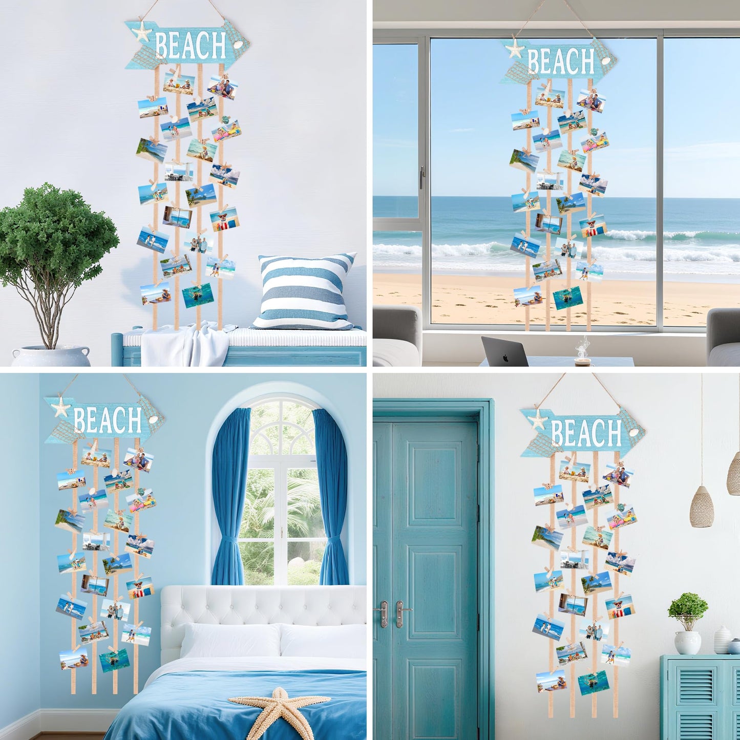 WeDoSoy Coastal Style Hanging Photo Display Holder with 30 Clips (10 Shell Clips), Wooden Frames Wall Picture Organizer for Beach Decor, Collage Display, Postcards, Holiday Cards & Home Decoration