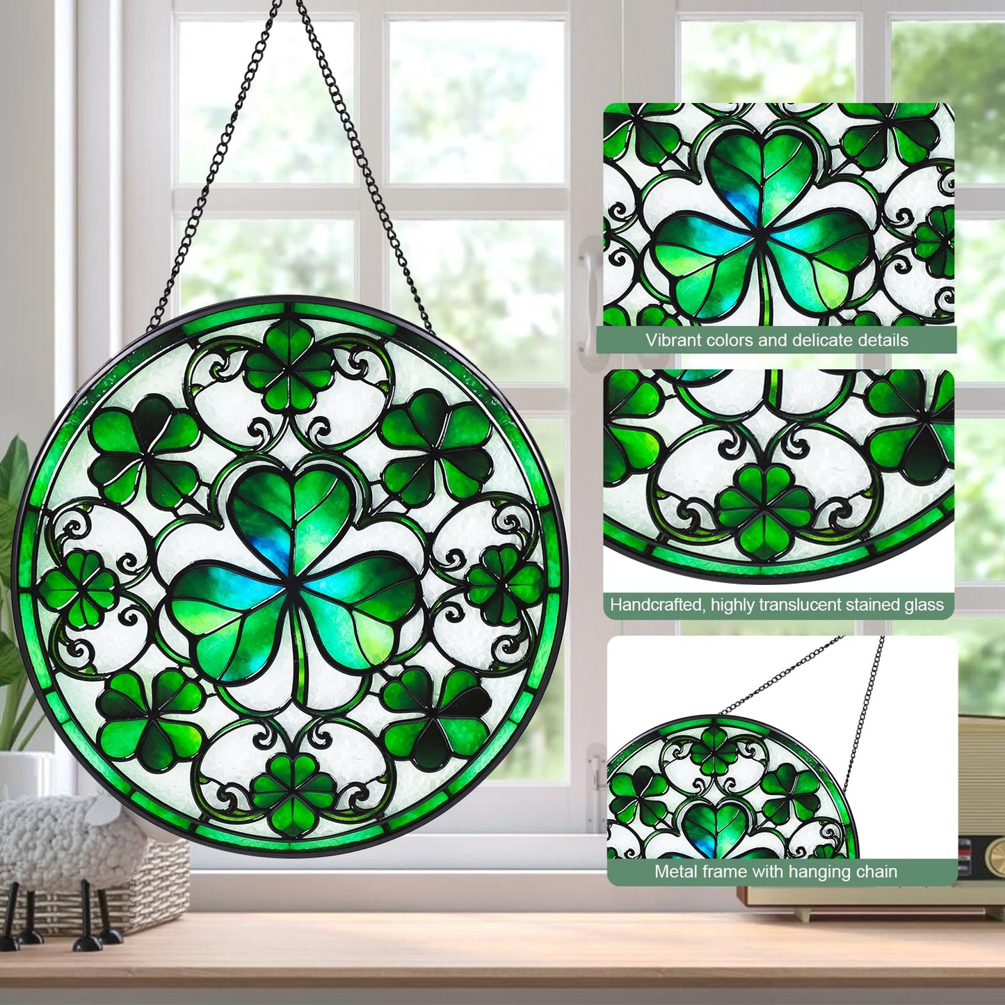Wkyqes Ireland Green Lucky Clover Stained Glass Window Hanging Suncatcher with Chain - 7.9" Irish Shamrock Outdoor/Indoor Art Decor for Home Garden, St. Patrick's Day, Mother's,Ornaments Present