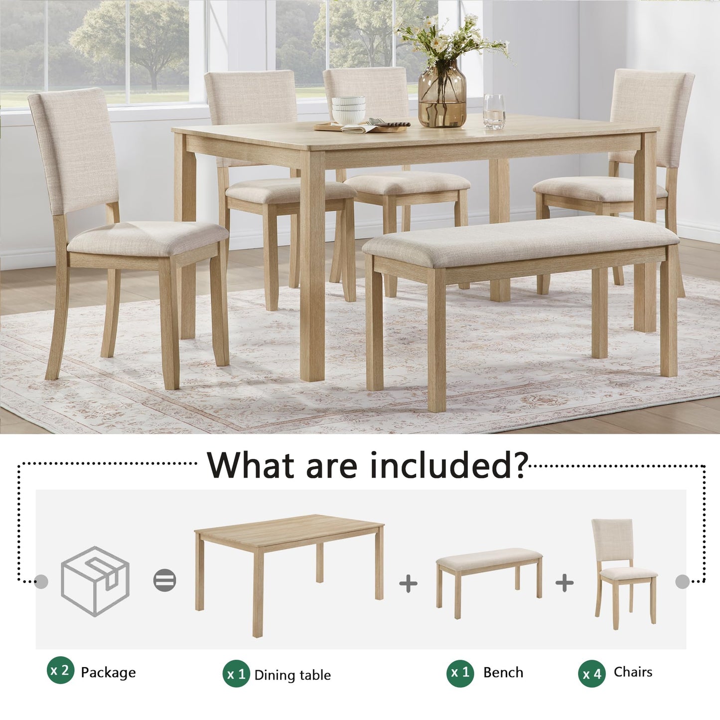 KEIKI 6-Piece Standard Height Dining Table Set with Rectangular Table, 4 Upholstered Chair, Bench, for 6 Person, Modern Style Wooden Table Set, Easy Assembly, for Kitchen, Dining Room, Light Oak
