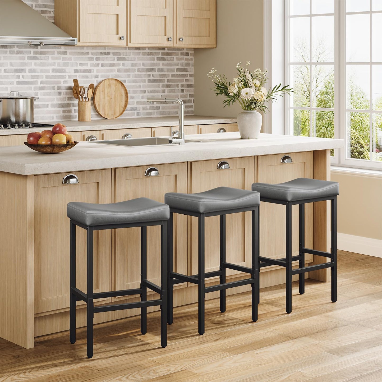 Vellorise 24 Inch Counter Height Bar Stools Set of 2, Compact Counter Stools for Small Spaces, Premium Faux Leather Barstools with Right-Sized Saddle Seat & Metal Legs, 15-Minute Easy Assembly, Black