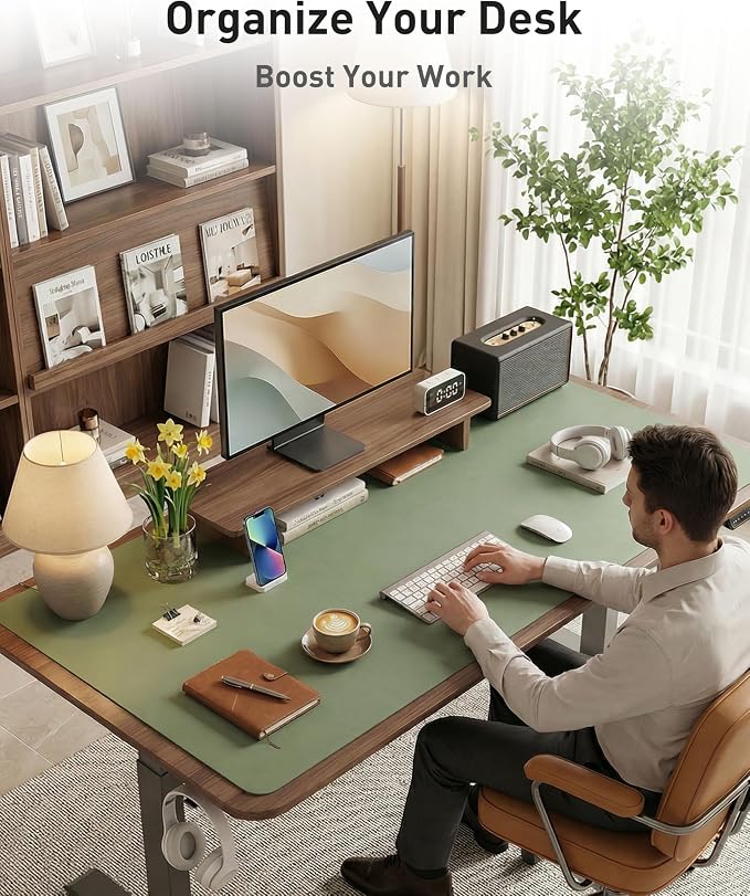 Aothia Faux Leather Desk Mat - Large Mouse Pad, Non-Slip PU Leather Blotter, Waterproof Writing Surface for Office and Home (Olive Green, 40" x 24")
