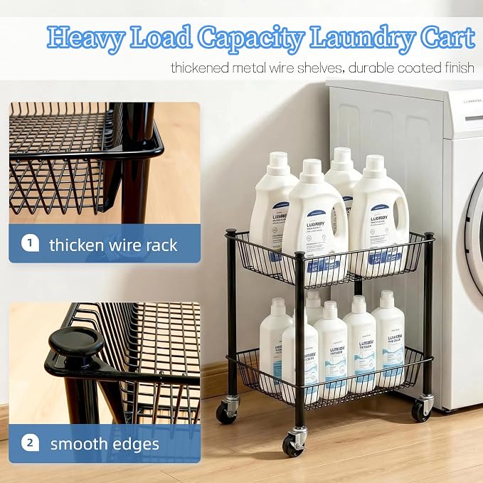 2 Tier Rolling Pantry Cart on Wheels Thick Metal Pantry Floor Organizer Small Utility Cart for Small Space, Fruit Vegetables Rack for Kitchen, Under Desk Storage Onion Potato Storage Basket, Black