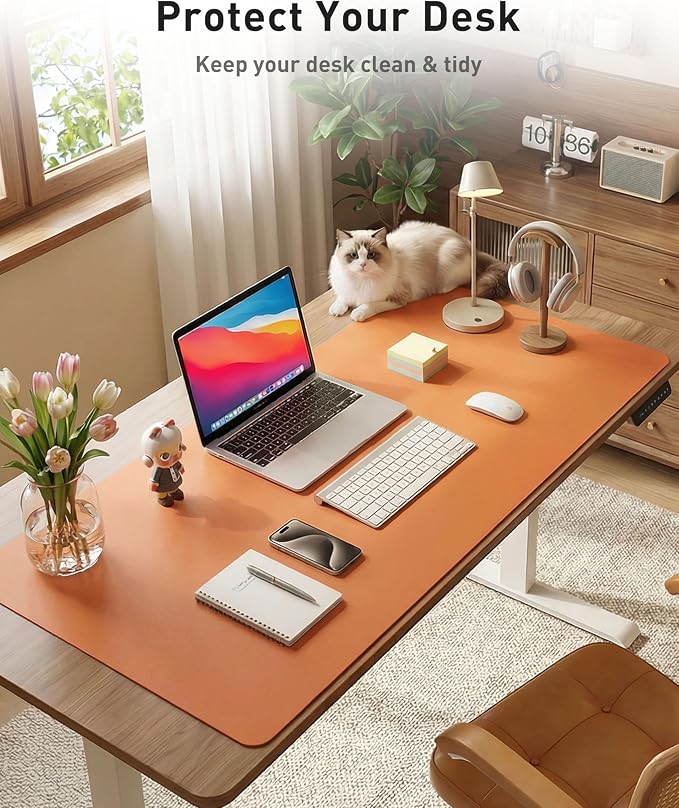 Aothia Faux Leather Desk Mat - Large Mouse Pad, Non-Slip PU Leather Blotter, Waterproof Writing Surface for Office and Home (Hermes Orange, 40" x 24")