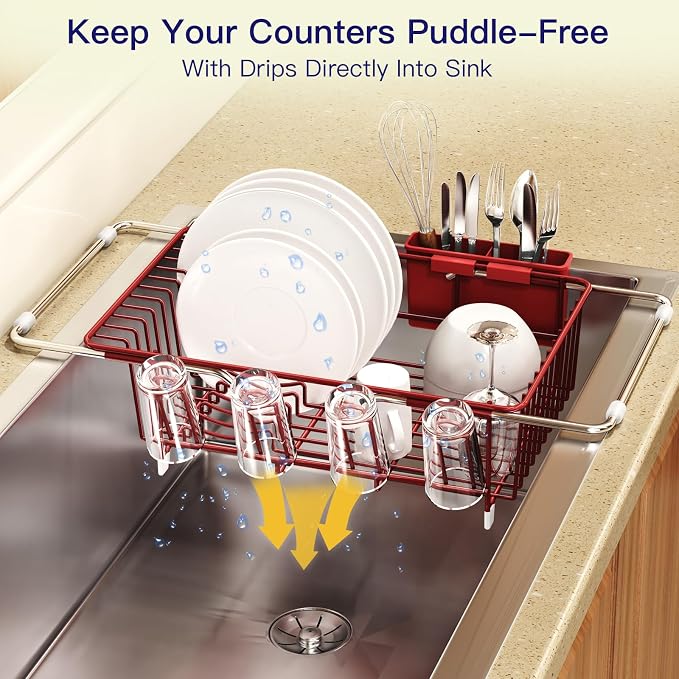 MAJALiS Red Dish Drying Rack Over The Sink with Utensil Holder | Expandable Stainless Steel Dish Drainer for Small Kitchen, Apartment, RV, Counter Space Saving, Perfect Fit, Rustproof