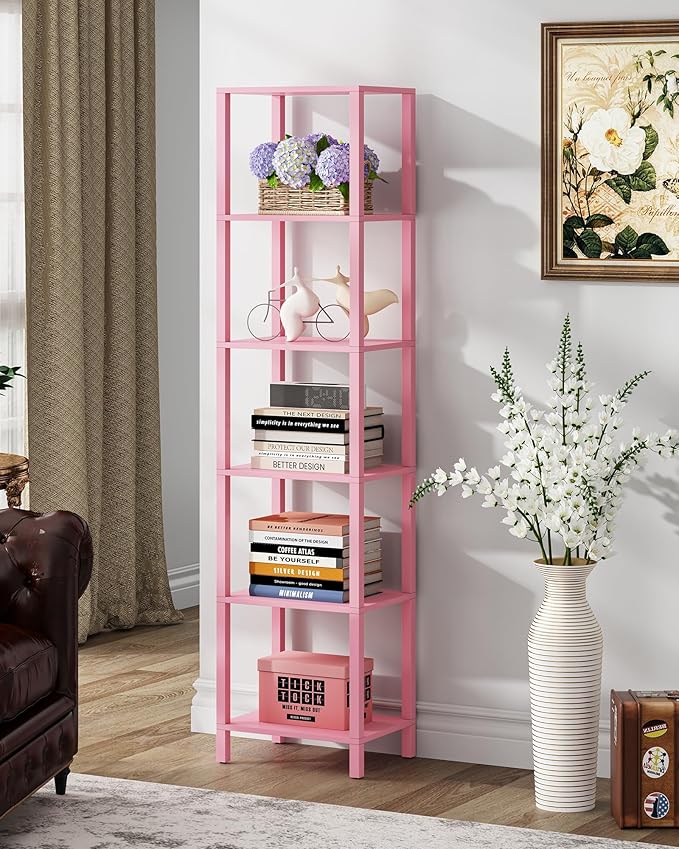 TUTOTAK Bookshelf, 6-Tier Tall Book Shelf, Narrow Bookcase for Small Space, DIY Stackable Bookshelf, for Living Room, Office, Study, Entryway, Industrial, Pink BS01BP006