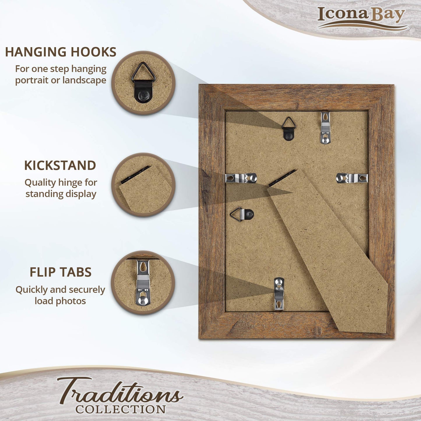 Icona Bay - 5x7 Chestnut Brown Picture Frame - Rustic Wood Pattern - Lightly Distressed Frame for Table Top Display or Wall Mount - Traditions Collection