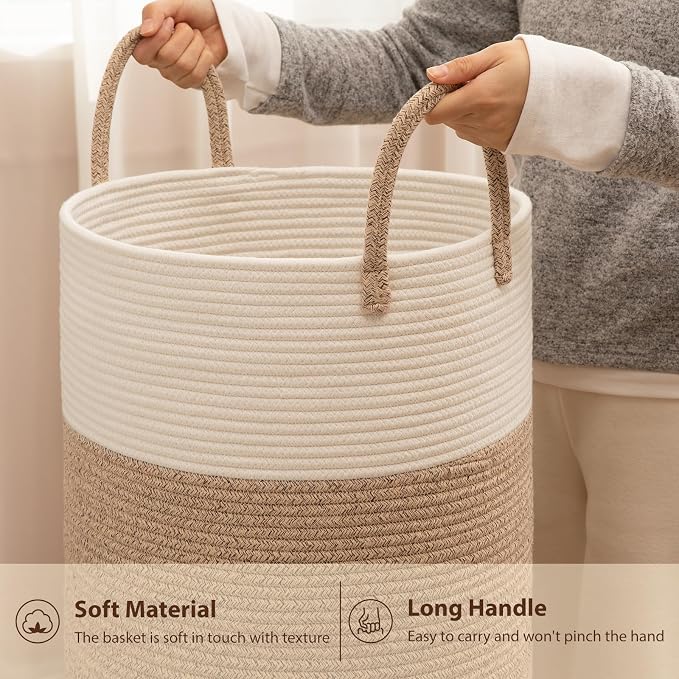OIAHOMY Large Laundry Basket Hamper - 80L Cotton Rope Woven Basket for Blankets, Toys, Clothes - Tall Decorative Nursery Hamper with Long Handles, Brown/White