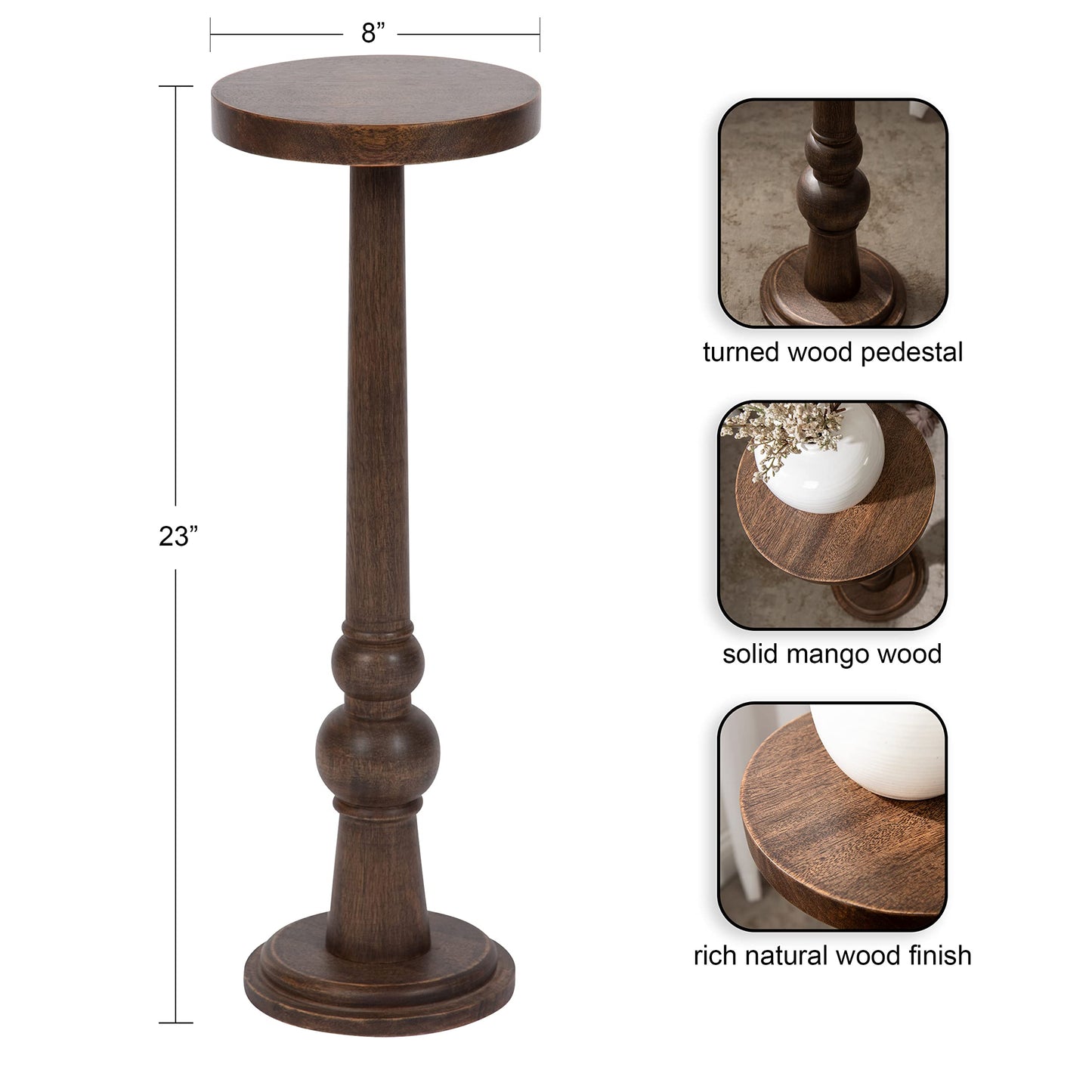 Kate and Laurel Wegner Traditional Wooden Round Drink Table, 8 x 23, Rich Brown, Elegant and Durable Pedestal Table for Use as Small Drink Table, Plant Stand, or Decorative Item Display