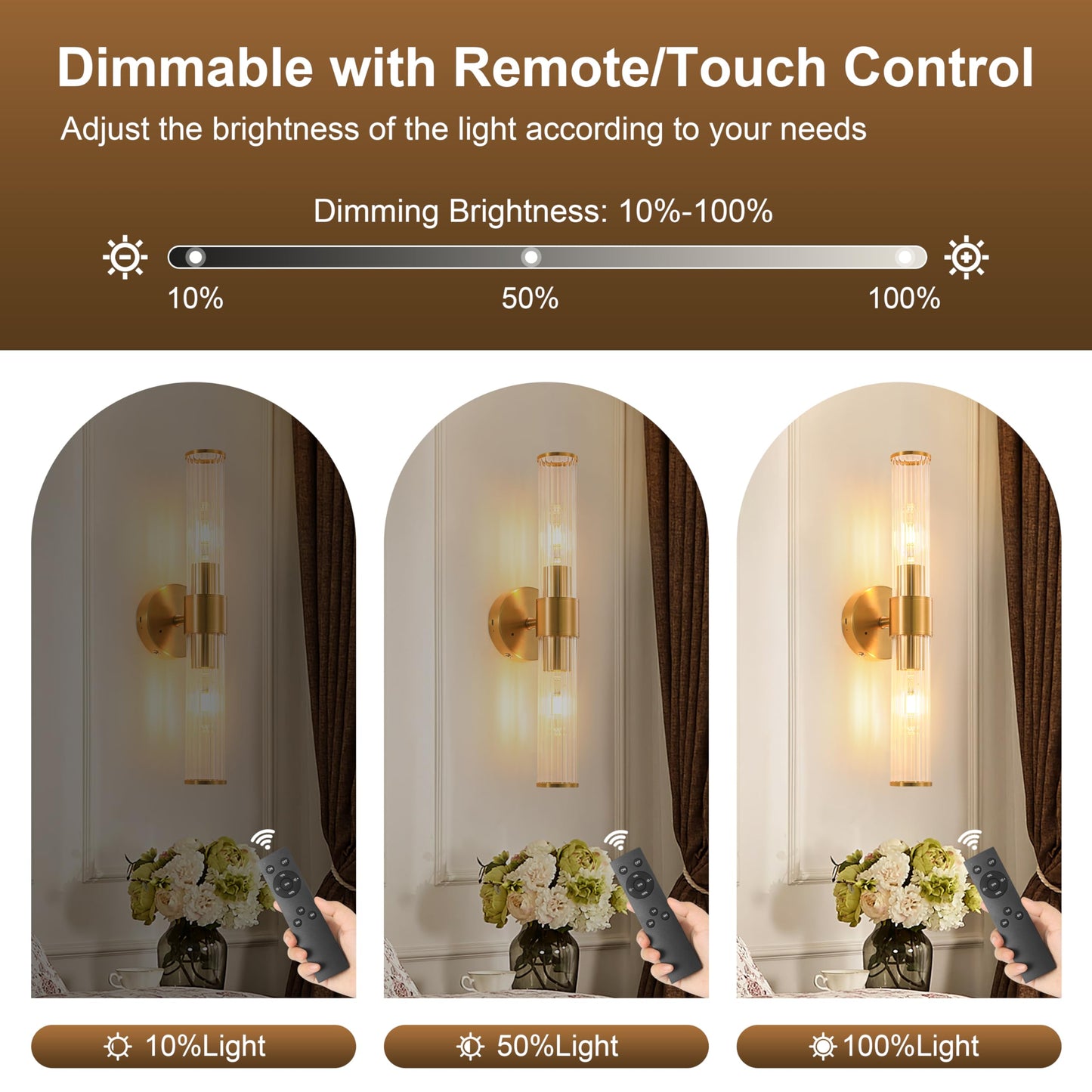Morauroral Gold Battery Operated Wall Sconces Set of Two, Rechargeable Wall Sconce with Dimmable Remote Control, 20 Inch Wireless Sconce Wall Light for Bedroom, Living Room (Bulbs Included)