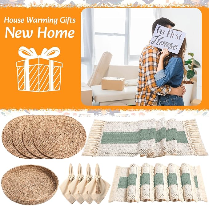 4 Sets Boho Decoration Placemats Round Woven Placemats, Cloth Napkins, Wood Bead Napkin Rings, Long Table Runner and Farmhouse Burlap Cotton for Table Kitchen (Green,12x72)