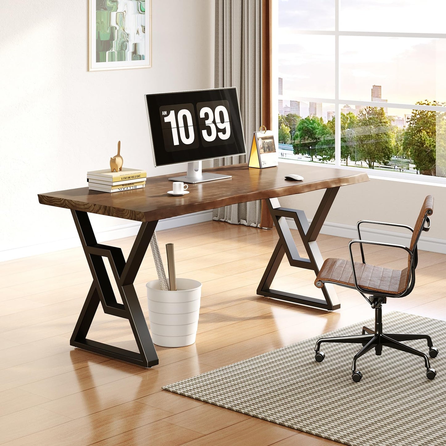 QZYJKJ 55inch Rustic Brown Solid Wood Computer Desk - Modern Gaming Workbench for Home Office, Modern Simple Design, Ideal for Study, Writing, Dining