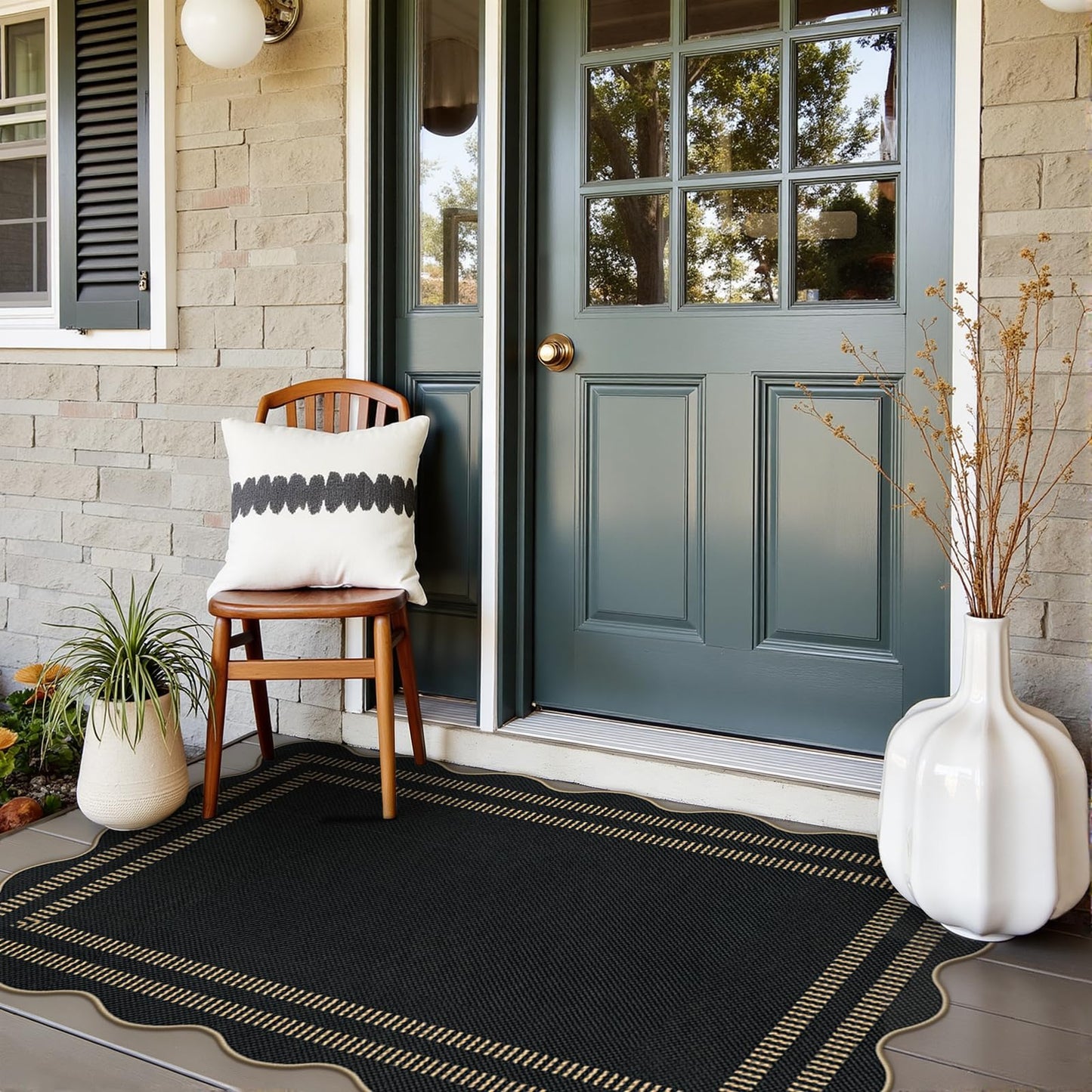 LORWER Modern Easy Jute 3x5 Outdoor Patio Rug, Black Washable Rugs for Entryway Indoor Kitchen Rugs, Farmhouse Neutral Non Slip Carpet for Living Room Backyard