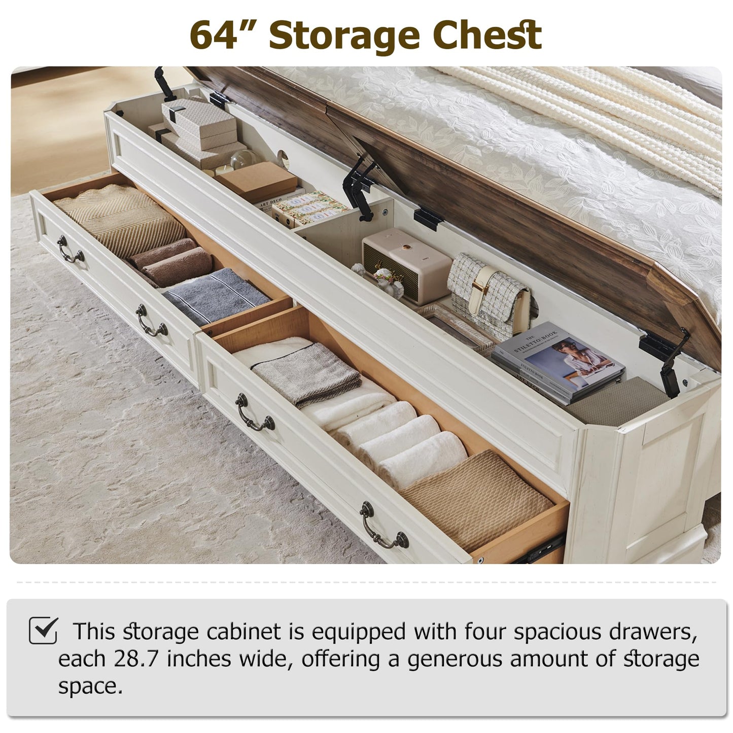 T4TREAM Farmhouse Queen Bed with Headboard and Storage Bench, Rustic Wood Platform Bed with 64" Storage Chest w/ 4 Large Drawer (Antique White)