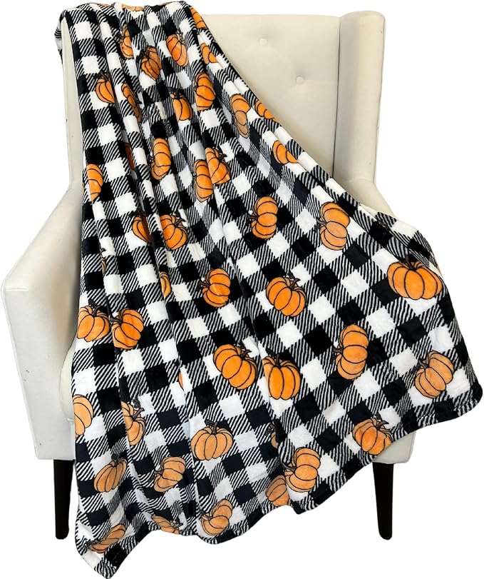 Fall Pumpkin Throw Blanket: Modern Farmhouse Country Black and White Check Plaid Extra Large 50" x 70"