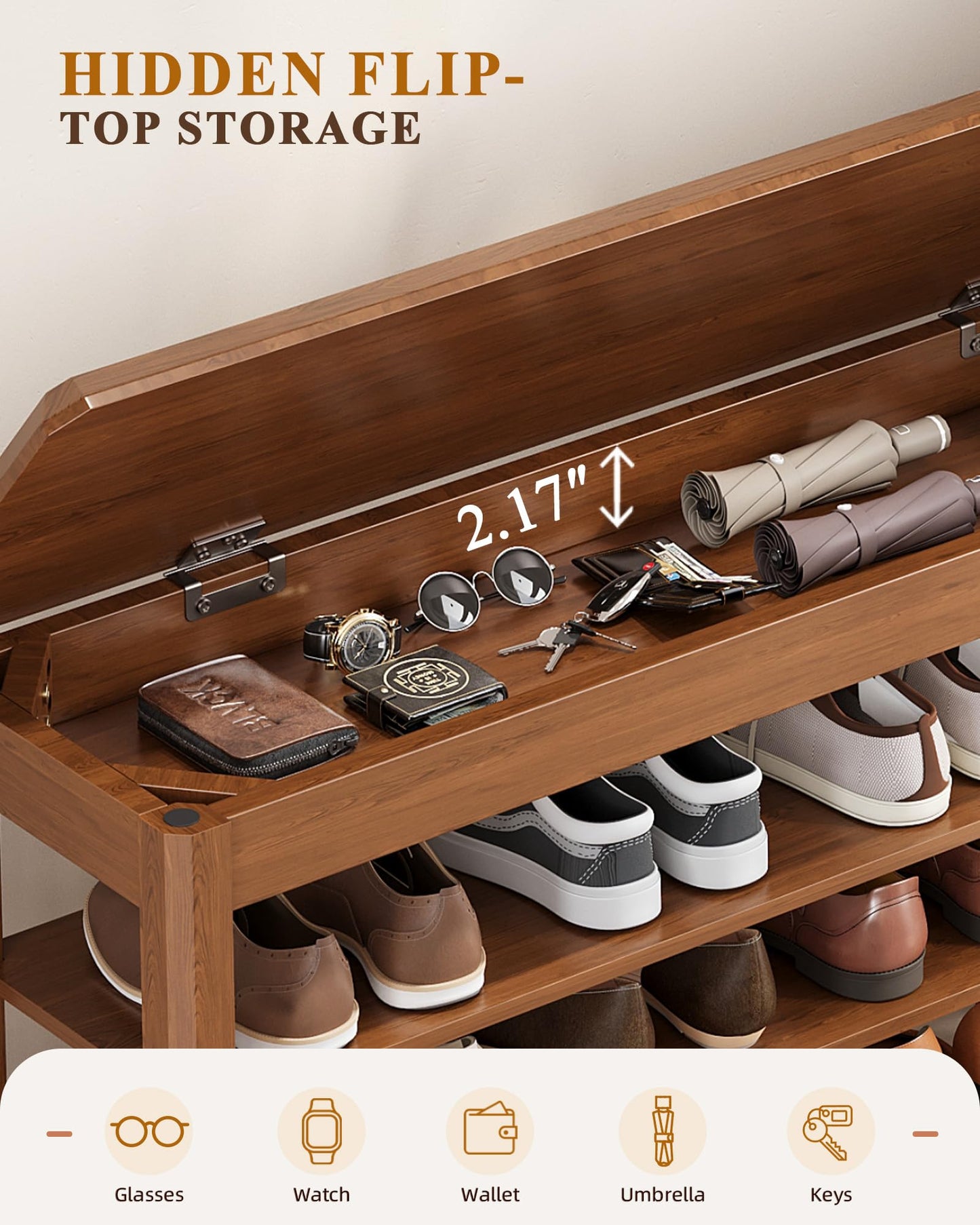 IUNVR Shoe Rack Bench Seat Rubberwood 3-Tier Wooden Storage Bench 550lbs Compact Mid-Century Modern Design for Entryway, Hallway, Closet, Front Door Entrance, Foyer