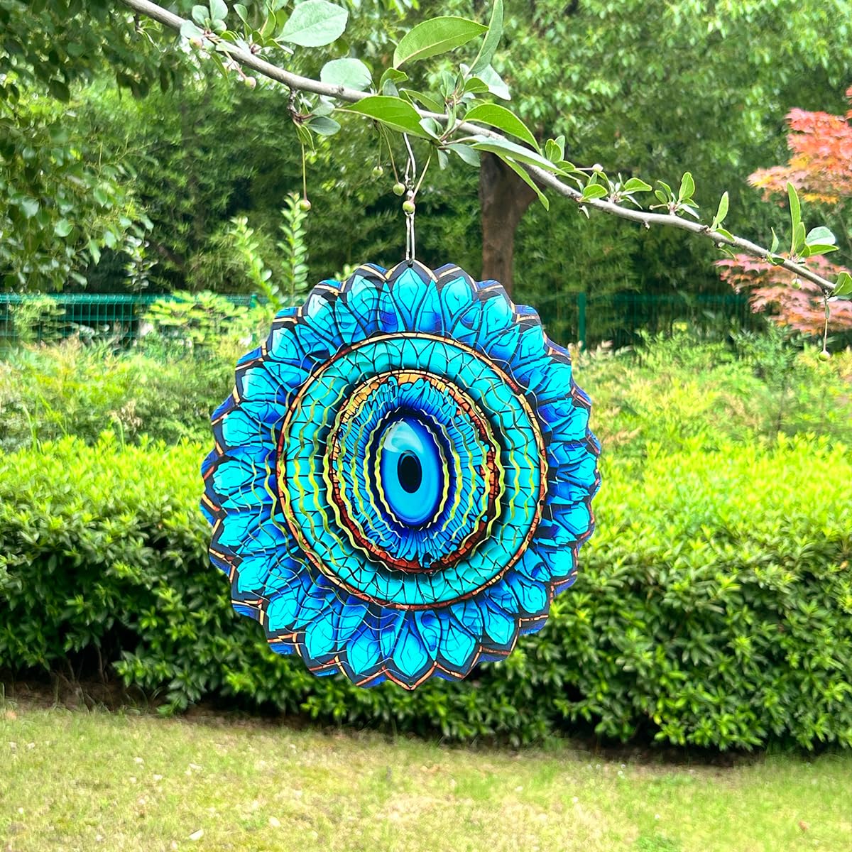 SAC SMARTEN ARTS 3D Wind Spinner Mandala 10 Inch Evil Eye Stainless Steel Wind Sculpture Blue Hanging Ornament Laser Cut Metal Art for Indoor Outdoor Garden Decoration Protective Amulet for Home Yard