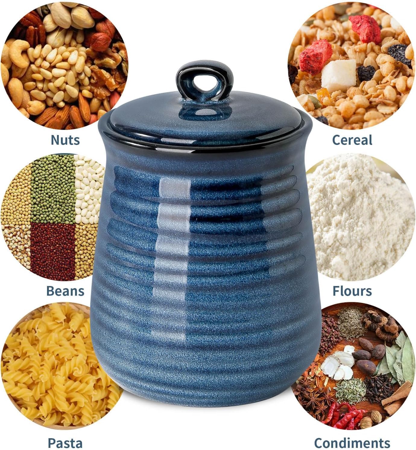 Tikooere Ceramic Food Storage Jars,25 Oz Porcelain Kitchen Canisters with Airtight Lids Set of 3,Flour Containers for Countertop,Farmhouse Decor Serving Ground Coffee,Tea,Sugar,Pasta and Rice,Blue