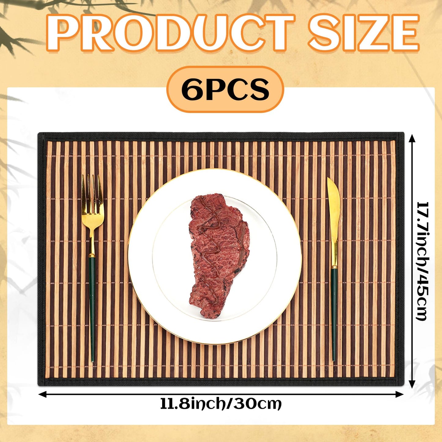 Pickmesh Bamboo Placemats Set of 6, Bamboo Table Mats Set with Fabric Border,18'' x 12'' Woven Placemat, Japanese Style, Washable Heat Resistant Place Mats for Kitchen and Dining Room