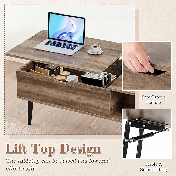 OLIXIS Wooden Coffee Table, Lift Top Coffee Stand with Large Hidden Compartment and Ample Storage Shelf, Lift Tabletop Dining Table for Living Room, Home Small Space, Grey