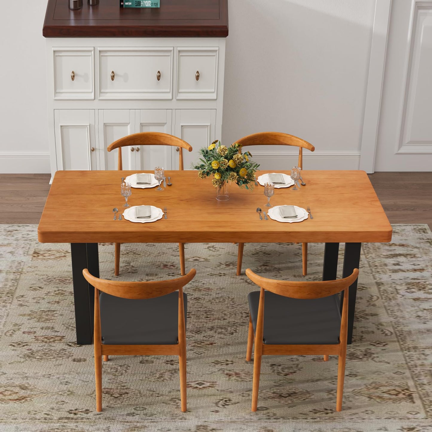 quanzhoulong Stylish Modern Minimalist Solid Wood Dining Table with Sturdy Metal Base – Easy Assembly, Versatile Design for Dining Rooms, Living Rooms, and Offices