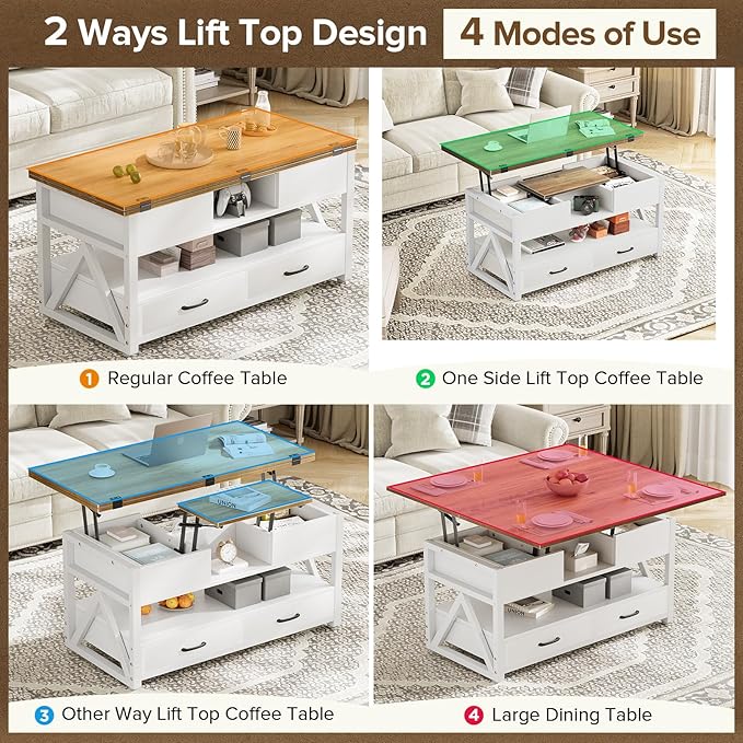 Memobarco 40" Lift Top Coffee Table,4 in 1 Multi-Function Lift Coffee Tables with Storage Drawers and Hidden Compartmen,Farmhouse Coffee Table with Lifting top for Living Room, White+Brown