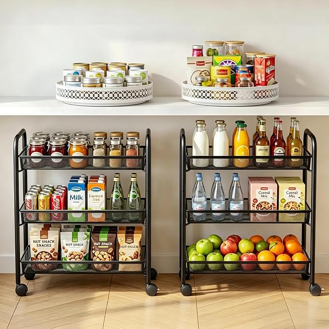 3-Tier Mesh Rolling Cart - 24.8" H Fits Under Desk Metal Cart with Wheel | Hold 35bls/Tier Small Space Storage Organizer Crafts Utility Cart for Office Pantry Bathroom Kitchen Laundry, Black