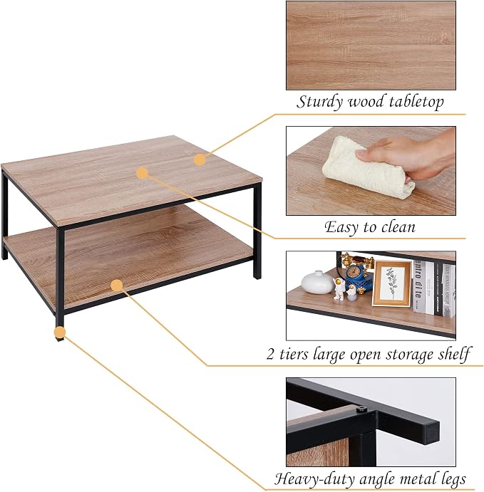 SUPER DEAL 2-Tier Industrial Coffee Table with Storage Shelf for Small Apartment Living Room, Rectangle Wood and Stable Metal TV Stand Side End Table, Natural Oak