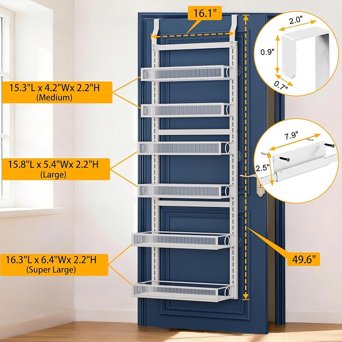 Over the Door Pantry Organizer 6 Tier Hanging or Wall Mounted Spice Rack with Adjustable Basket,Heavy Duty Metal Seasoning Organizer Shelf for Kitchen Pantry and Bathroom