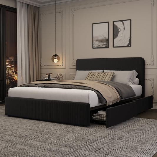 GarveeHome Modern Upholstered Platform Bed Frame with Headboard and Storage Drawers – Strong Wood Slat Support, No Box Spring Needed, Low Profile, Easy Assembly – Corduroy Black