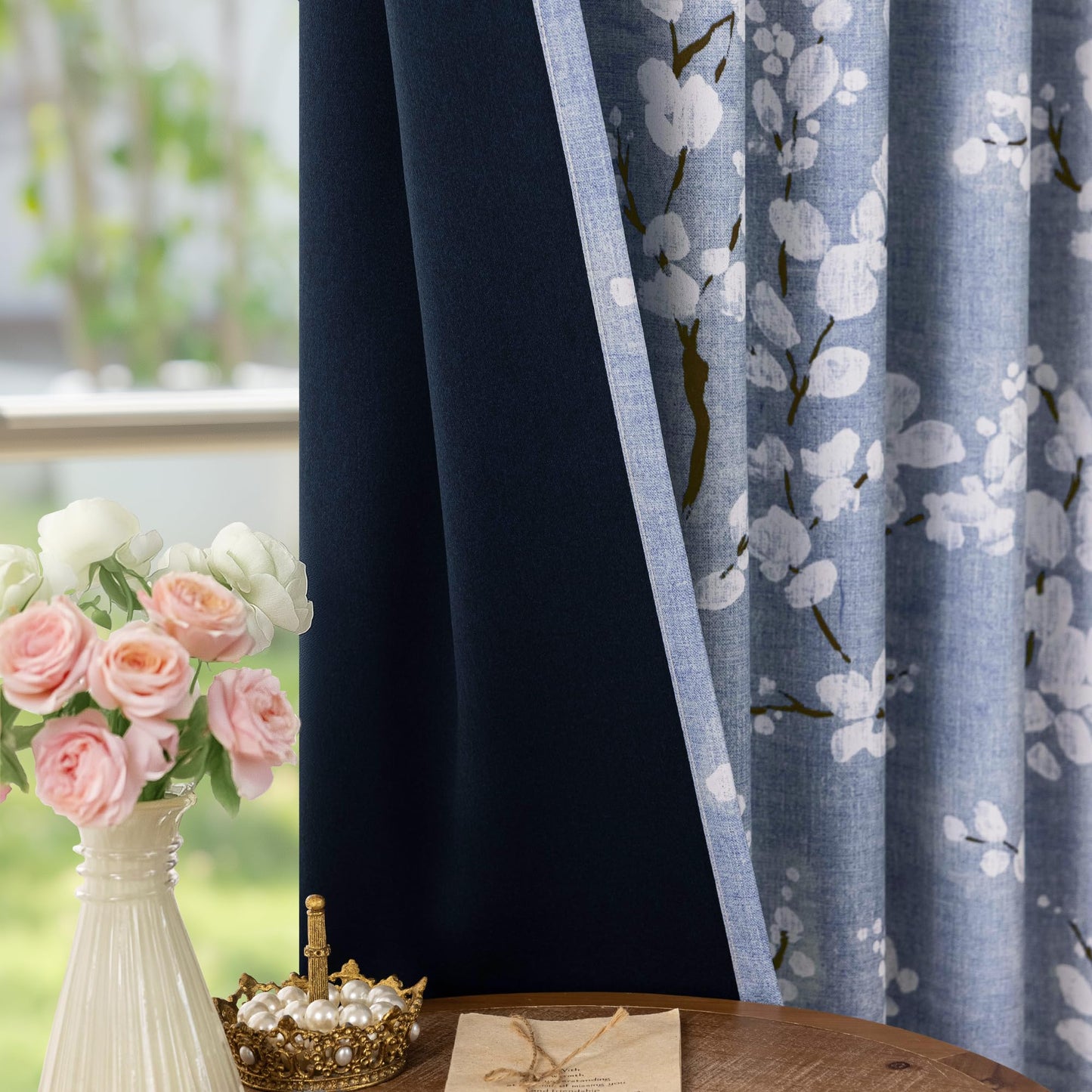 FMFUNCTEX 100% Blackout Floral Curtains for Bedroom, Blue Curtains 84 inches Long Blossom Flower Patterned for Living Room,Thermal Insulated Farmhouse Drapes, Grommet Top 2 Panels (White on Blue)