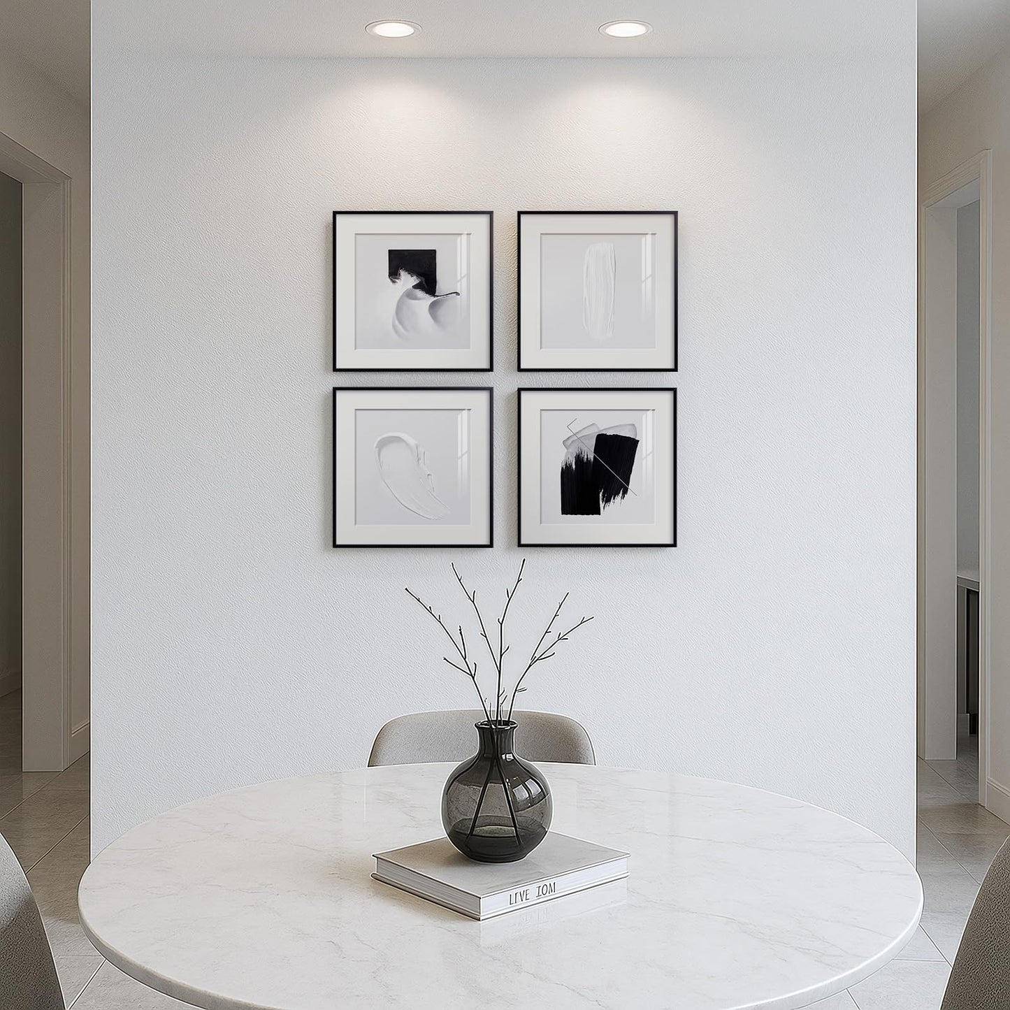 4 Panels Framed Abstract Black and White Wall Art Set, Modern Minimalist Line Print Home Decor, Canvas Pictures Paintings for Living Room Bedroom Bathroom Entryway and Dining Room 12x12 Inches