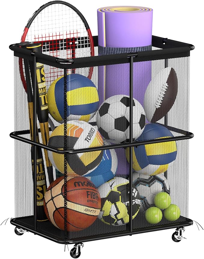 HEOMU Ball Storage Bin Rolling Garage Ball Storage Cart with Lockable Wheels, Metal Frame Mesh Basket Organizer with Zipper for Indoor Outdoor, Sports Equipment Organizer for Garage Gym School, Black