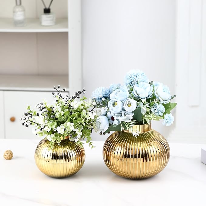 Gold Glass Vases for Tulips, Set of 2, Flower Vases for Bouquet, Ribbed Glass Vase for Flowers, Short Vase for Living Room, Office, Coffee Table, Shelf, Wedding