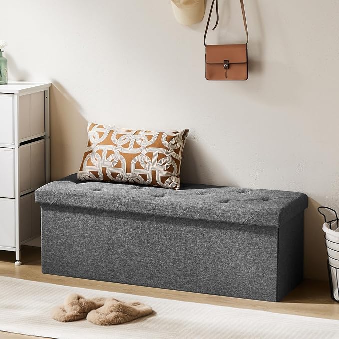 DUMOS 43 Inch Folding Storage Ottoman Bench, Large Hidden Storage Chest with Thicker Foam Padded Seat, End of Bed Foot Rest Stool for Bedroom Living Room Entryway, Load 660 lbs, Grey