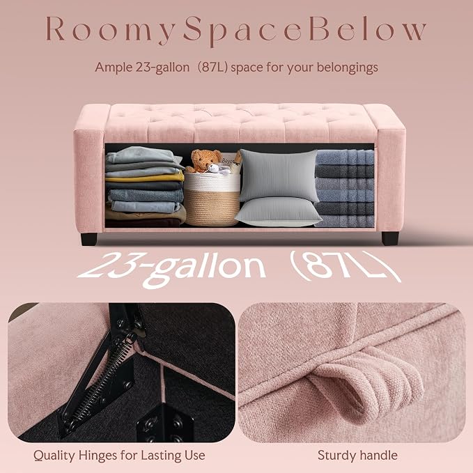 GRAINELL Storage Ottoman Bench, Upholstered Tufted Bedroom Bench with Storage, End of Bed Storage Bench for Living Room & Entryway, 350 lb Capacity, Linen Pink