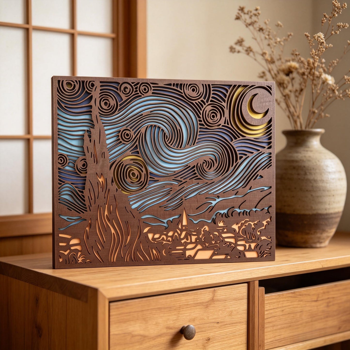 Starry Night Wood Wall Art, 5-Layer Laser Cut, 3D Multilayer Decor, 16x12 inch, Van Gogh Inspired