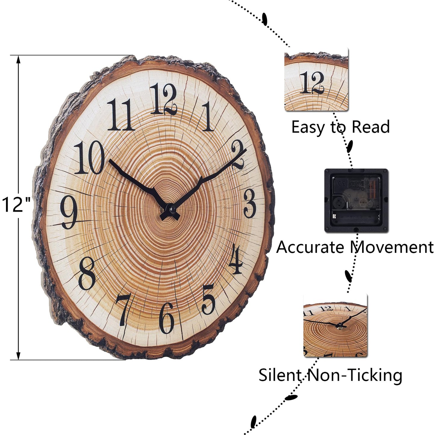 Rustic Wooden Wall Clock 12 Inch Silent Non Ticking Wall Clocks Battery Operated