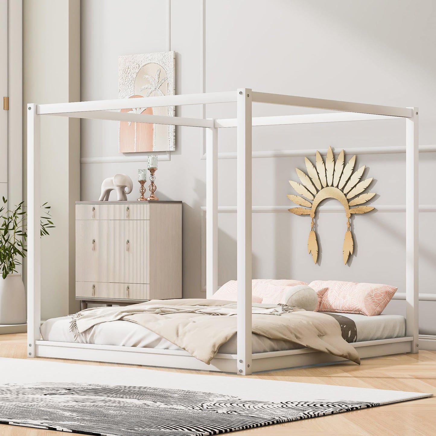 Merax Wooden Canopy Platform Bed Frame King Size Floor Bed/Mattress Foundation with Slat Support White