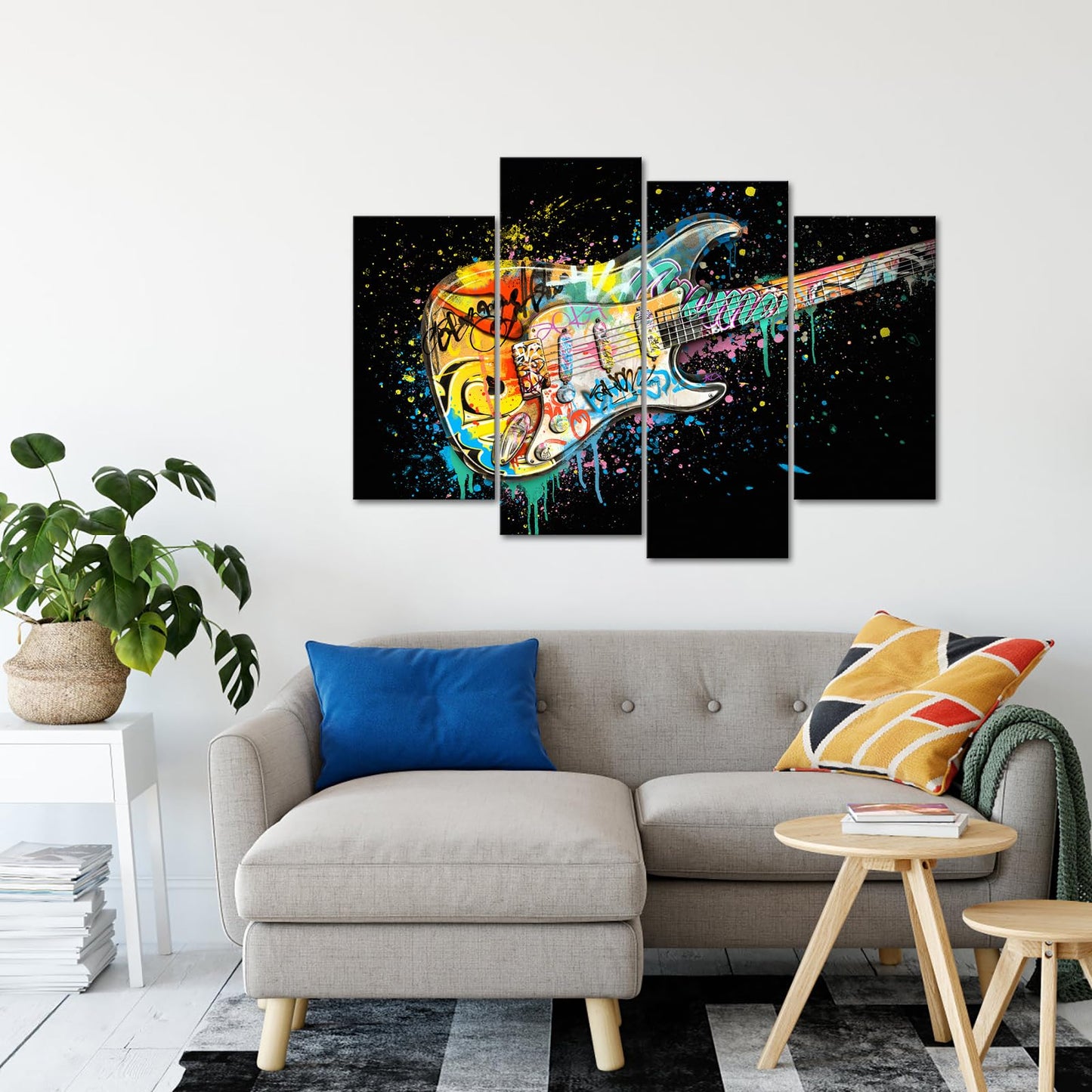 HOMEOART Music Decor Graffiti Guitar Painting Pictures Music Wall Art Framed Artwork Large 4 Pieces (Total is 48x34inch) (Black)