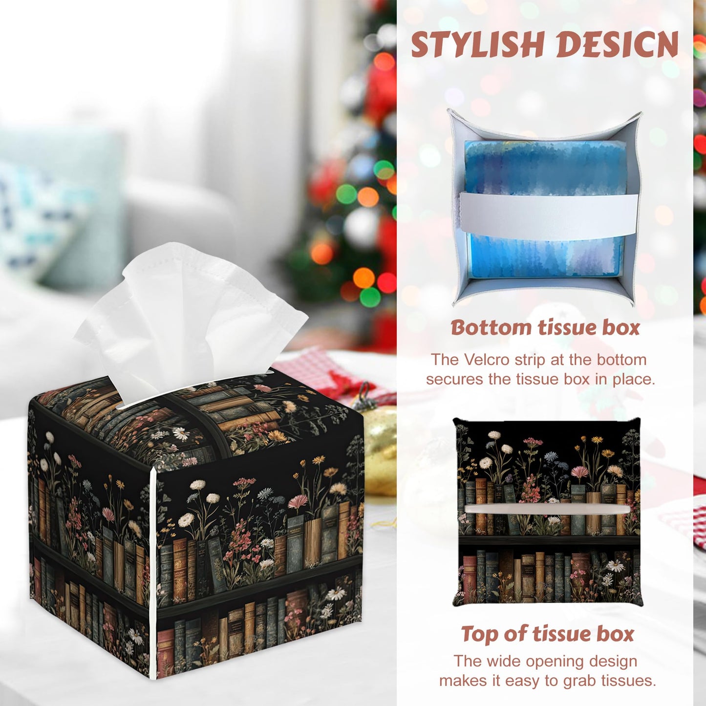 2 Pcs Floral Bookshelf Tissue Box Cover Leather Tissue Box Holder Square Facial Paper Organizer Dispenser for Bedroom Dresser Night Stand Office Desk