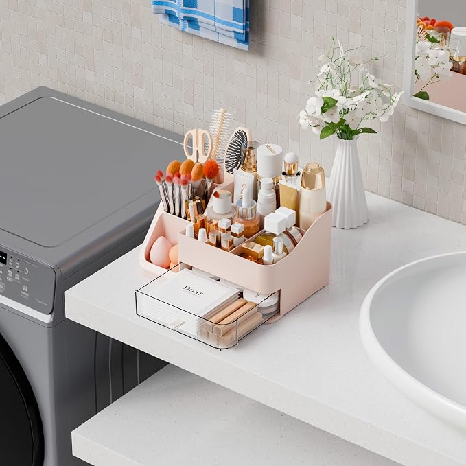 Yieach Countertop Makeup Organizers for Vanity,Bathroom,Dresser,Large Makeup Storage Organizer and Beauty Skincare Organizer,Plastic Makeup Holders and Organizers for Lotion,Hair Product & Tool,Pink
