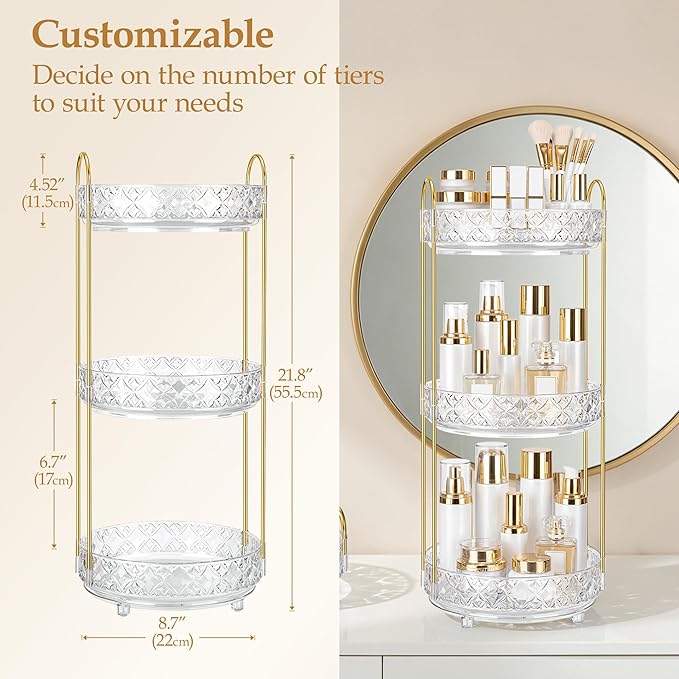 360 Rotating Makeup Organizer for Vanity, 3 Tier Adjustable Perfume Organizer for Dresser, Multi-Function Spinning Cosmetics Skincare Storage for Bedroom, Dresser, Countertop, Clear