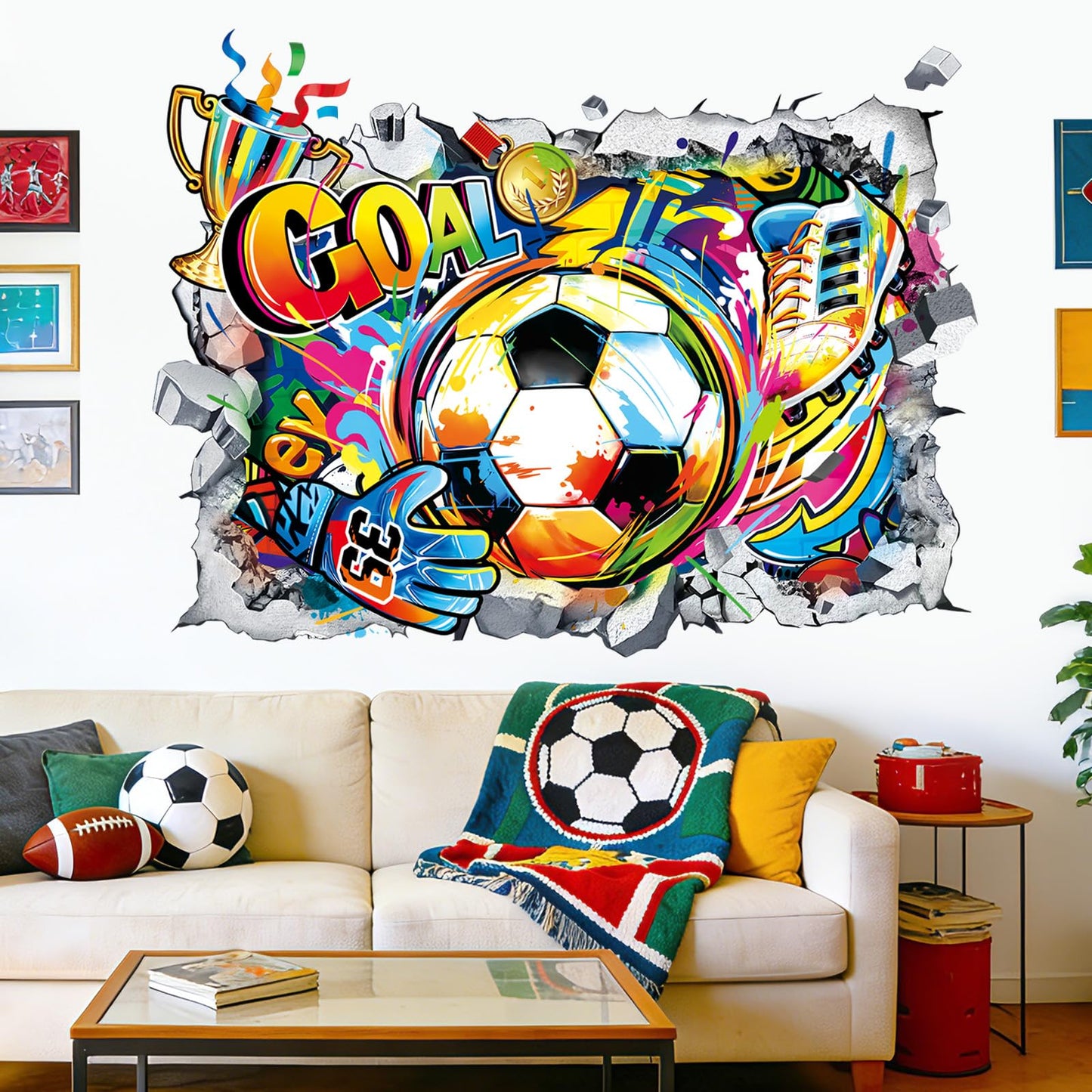 decalmile 3D Soccer Wall Stickers Football Sport Breakthrough Wall Decals Boys Bedroom Playroom Teenager Room Home Decor