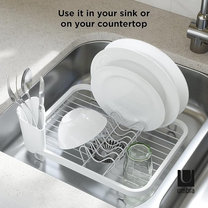 Umbra Sinkin Dish Drying Rack – Drainer Caddy with Removable Cutlery Holder – Use in Sink or On Counter, Standard, White/Nickel