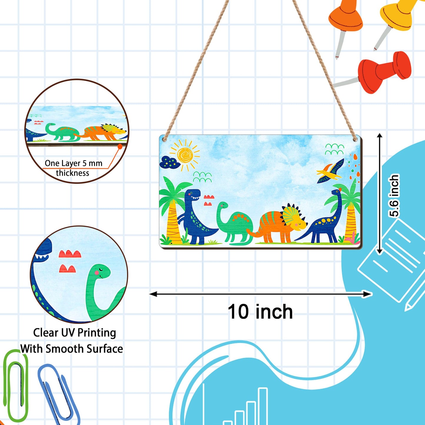 Personalized Hanging Dinosaur Wood Sign w/Alphabet Stickers, DIY Custom Kid's Name Door Sign Triceratop & Brontosaur Dinosaur, Baby Boys Bedroom Nursery Plaque Wall Art Decor Gifts From Mom Dad